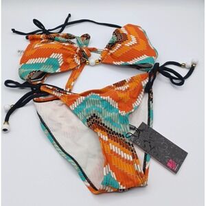 Quintsoul Pink Label 2 Piece Bikini Set Beaded Halter Adjustable Bottom SMALL